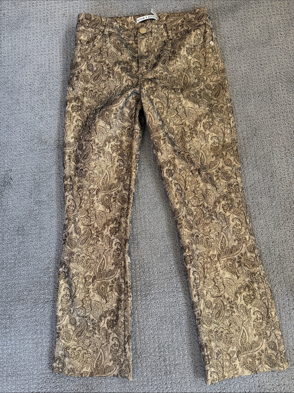 Alice + Olivia Metallic Paisley Slim Flare Pants in Gold